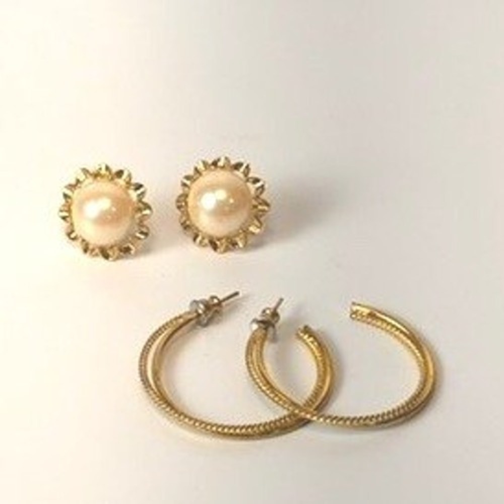 Vintage Earring Set Gold Faux Pearl Studs Textured Hoops Classic Preppy Boho